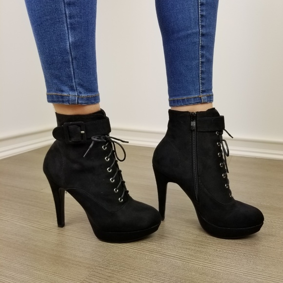 Shoes - Black Faux Suede Heel Lace-Up Ankle Booties